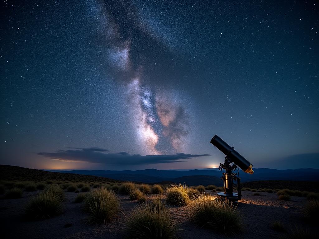 Noche estrellada en el páramo con telescopio para observación astronómica